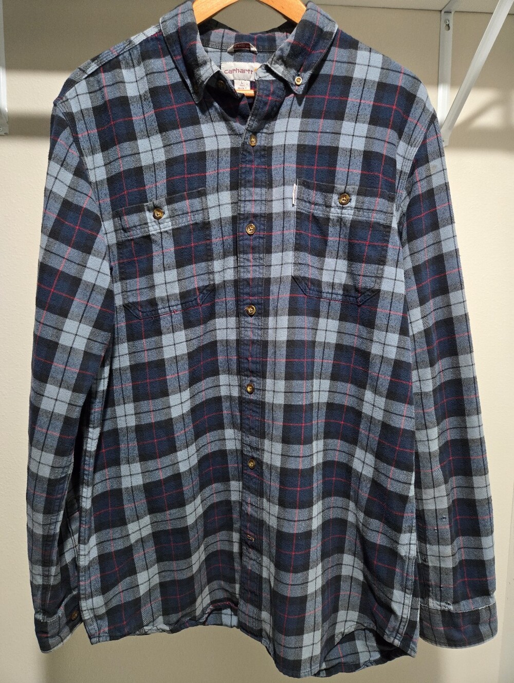 CARHARTT Mens Flannel Shirt Loose Fit Heavy Blue Weight Plaid Soft Sz L Workwear